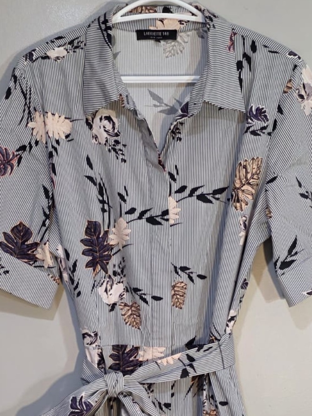 REVOLVE Lafayette 148 Eleni Floral Stripe Belted Shirt Dress Size Large - Picture 4 of 11